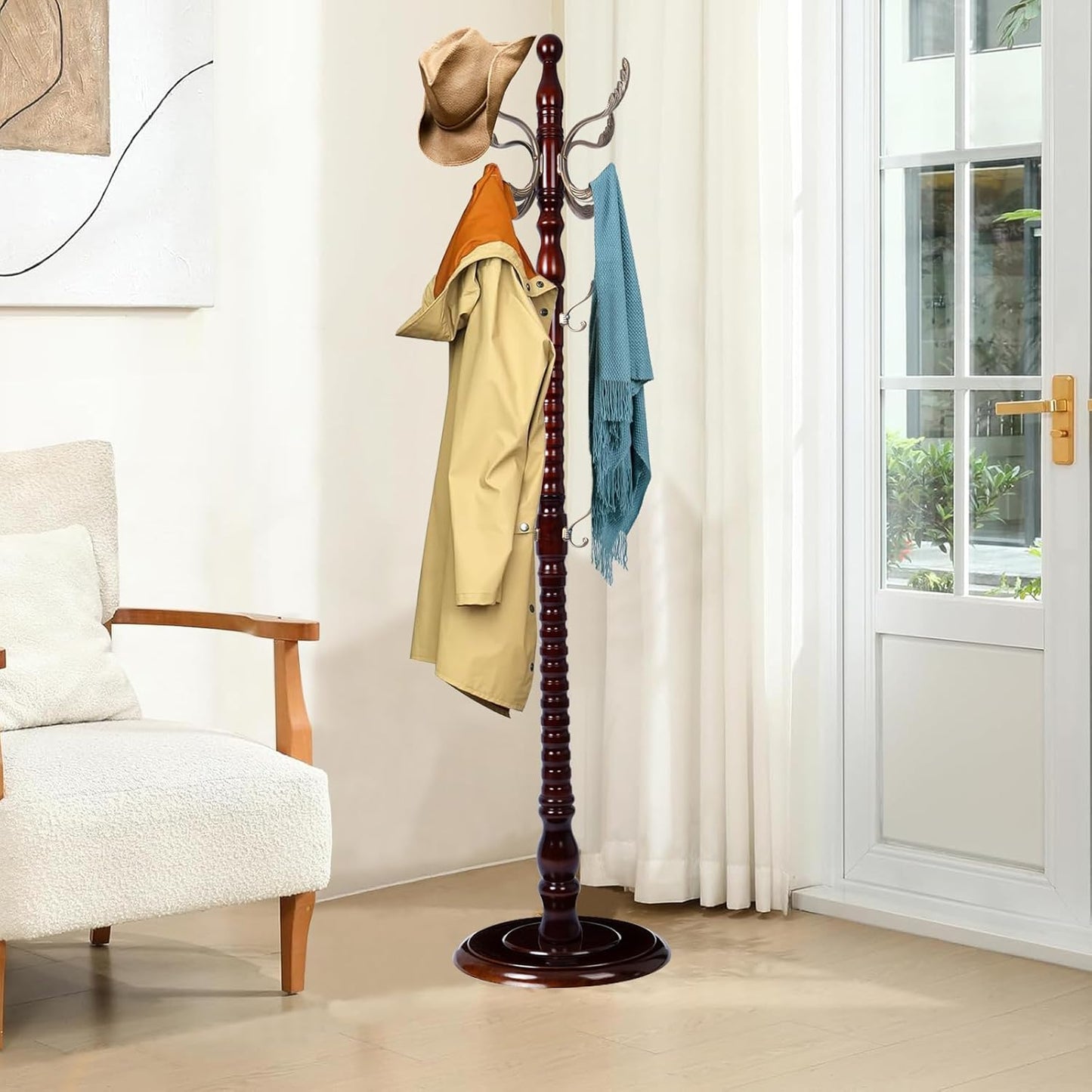 Wood Coat Rack Freestanding, Natural Coats Tree Stand with 14 Metal Hooks, 73" Sturdy and Easy Assembly Coat Rack Stand for Entryway, Hallway, Bedroom, Bags, Hats (Heavy-duty Disc Base, Metal Hook)