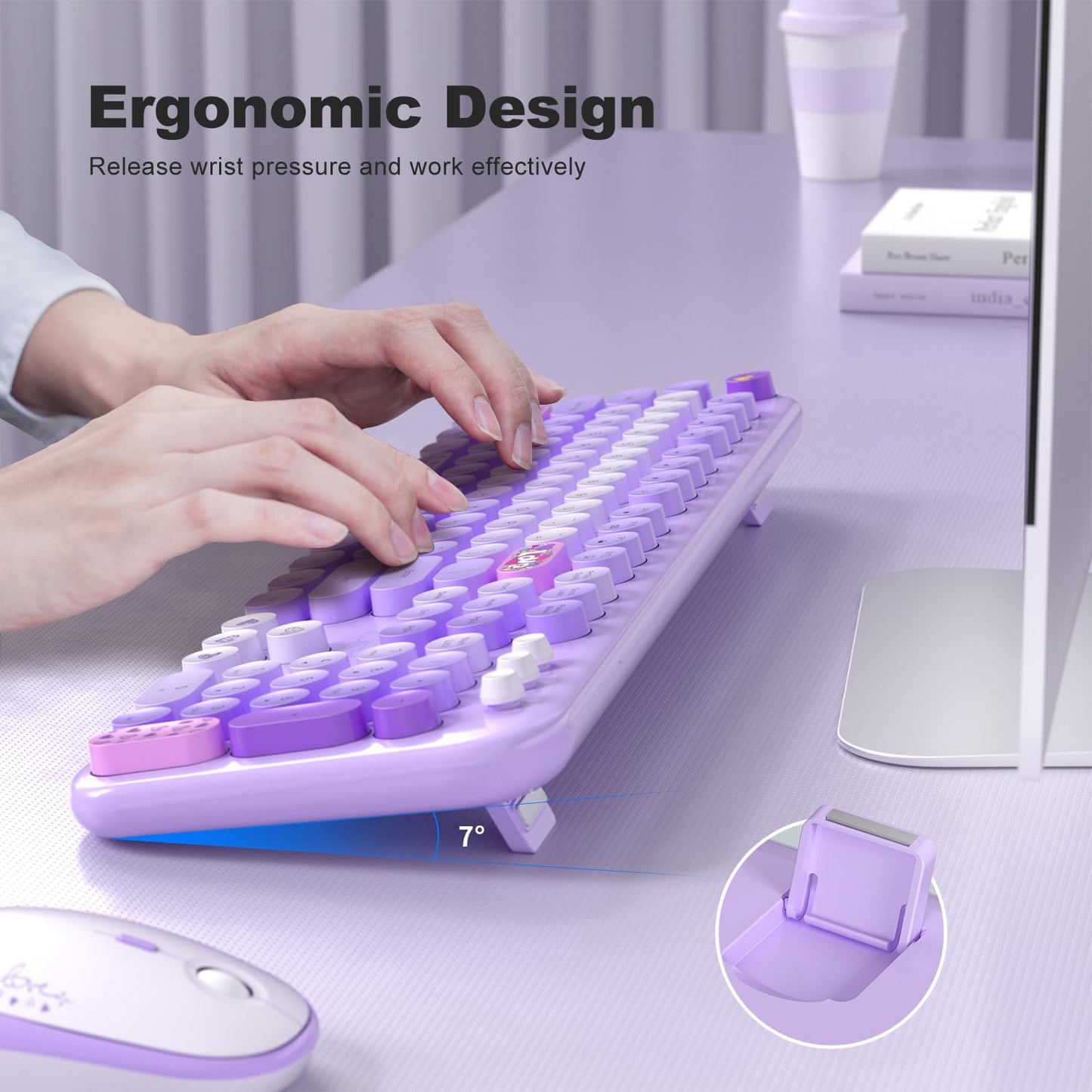 Wireless Keyboard and Mouse Combo, Full Size Retro Keyboard with Number Pad and 2 in 1 USB Connected Mouse for Windows 7/8/10, Laptop, Desktop, PC, Computer (Purple Colorful)