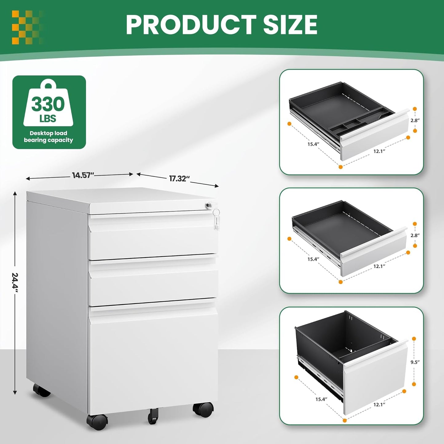 3 Drawer Mobile File Cabinet with Lock,Under Desk Storage Cabinet for Home Office,Vertical Filing Cabinet Fits A4 or Letter Size(Unassembled,White)