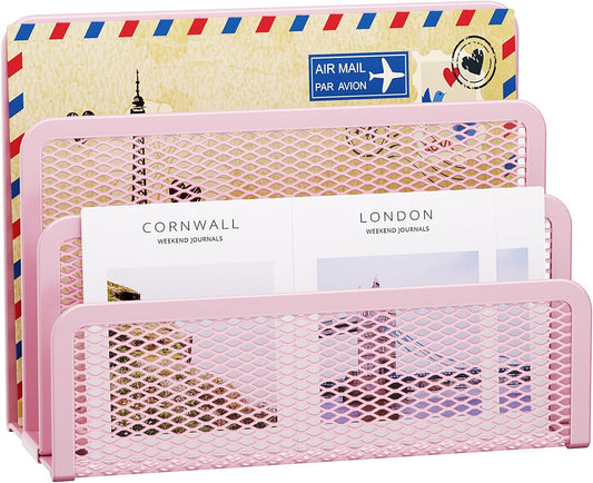 Marbrasse Mail Organizer for Desk, 3-Slot Mesh Metal Mail Holder countertop, Letter Holder, Office Desktop Envelope and Document Storage Rack (Pink)