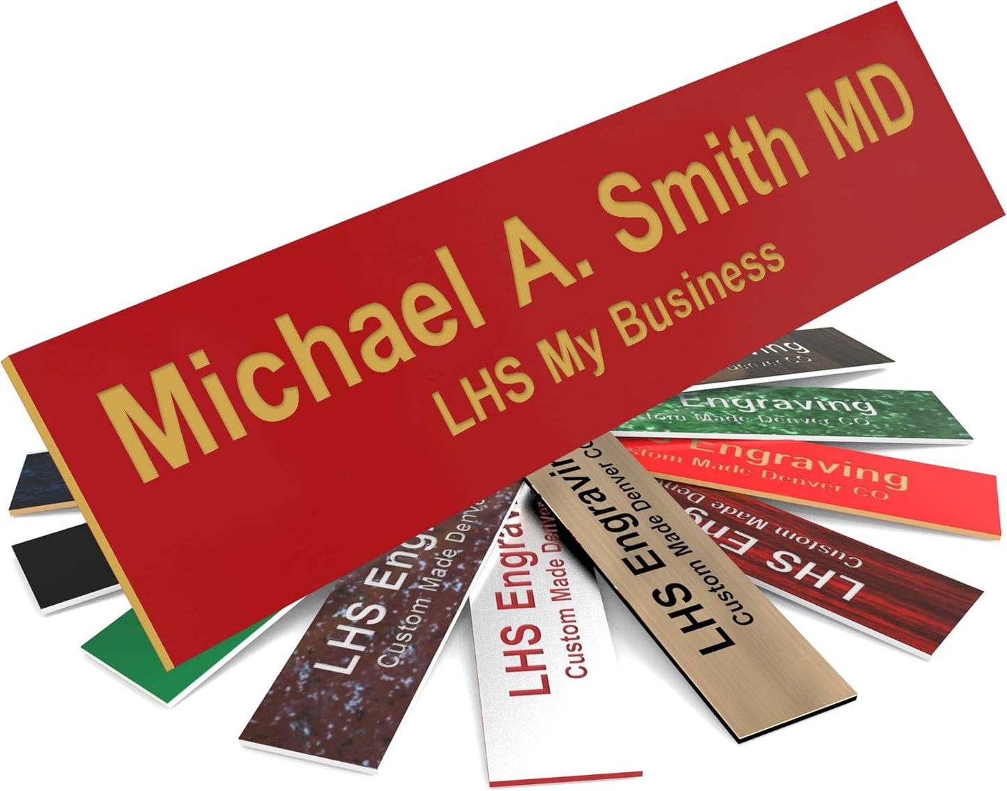 Engraved Name Plates for Door Sign Personalized Red Plastic Plaque with Gold Letters - Made in USA 2x12 B17