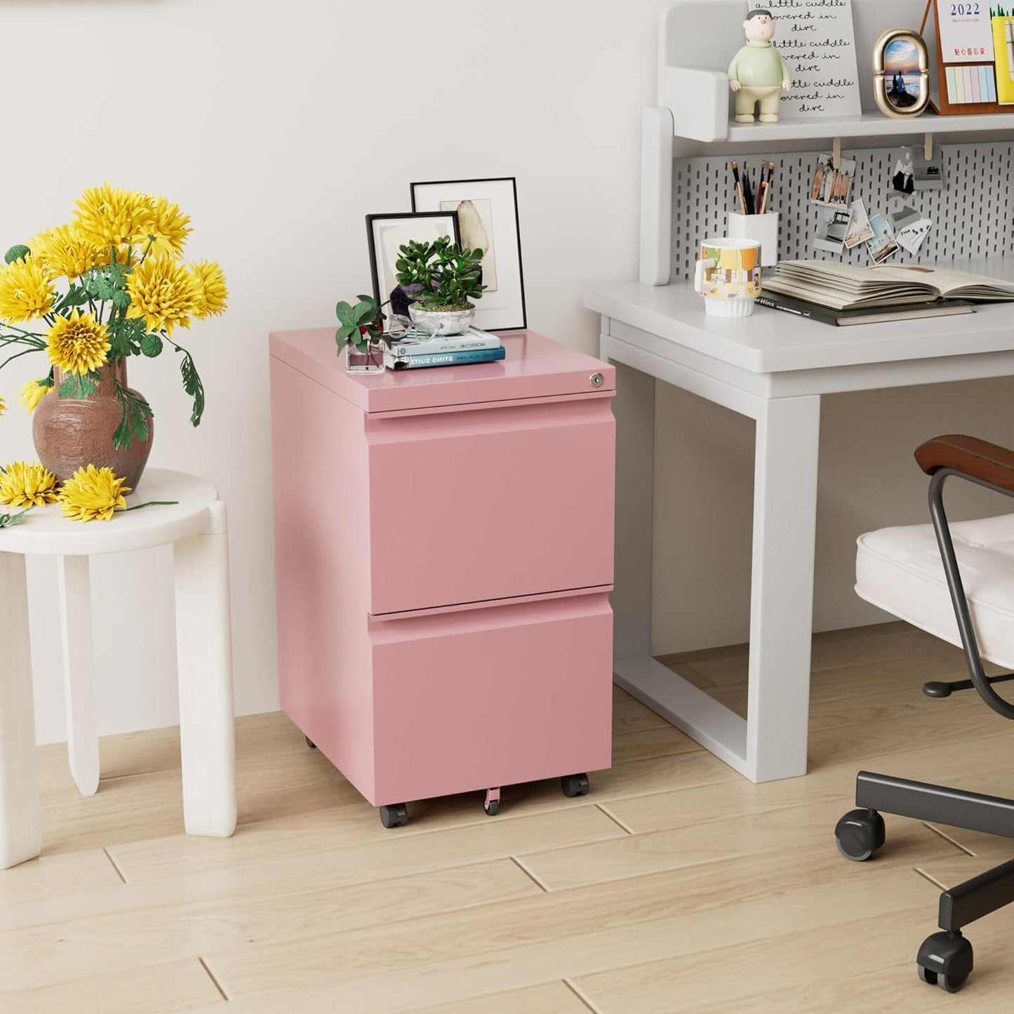 Aobabo 2 Drawer File Cabinet with Wheels, Lockable Metal Filing Cabinet for Home Office, Legal/Letter Size, Fully Assembled Except Wheels, Pink