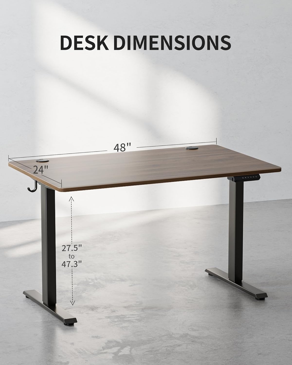 FEZIBO One-Piece Standing Desk Adjustable Height Stand up Home Office Desk, 48x24 Inch Electric Standing Computer Desk, with 4 Memory Presets, Fixable casters, Black Walnut