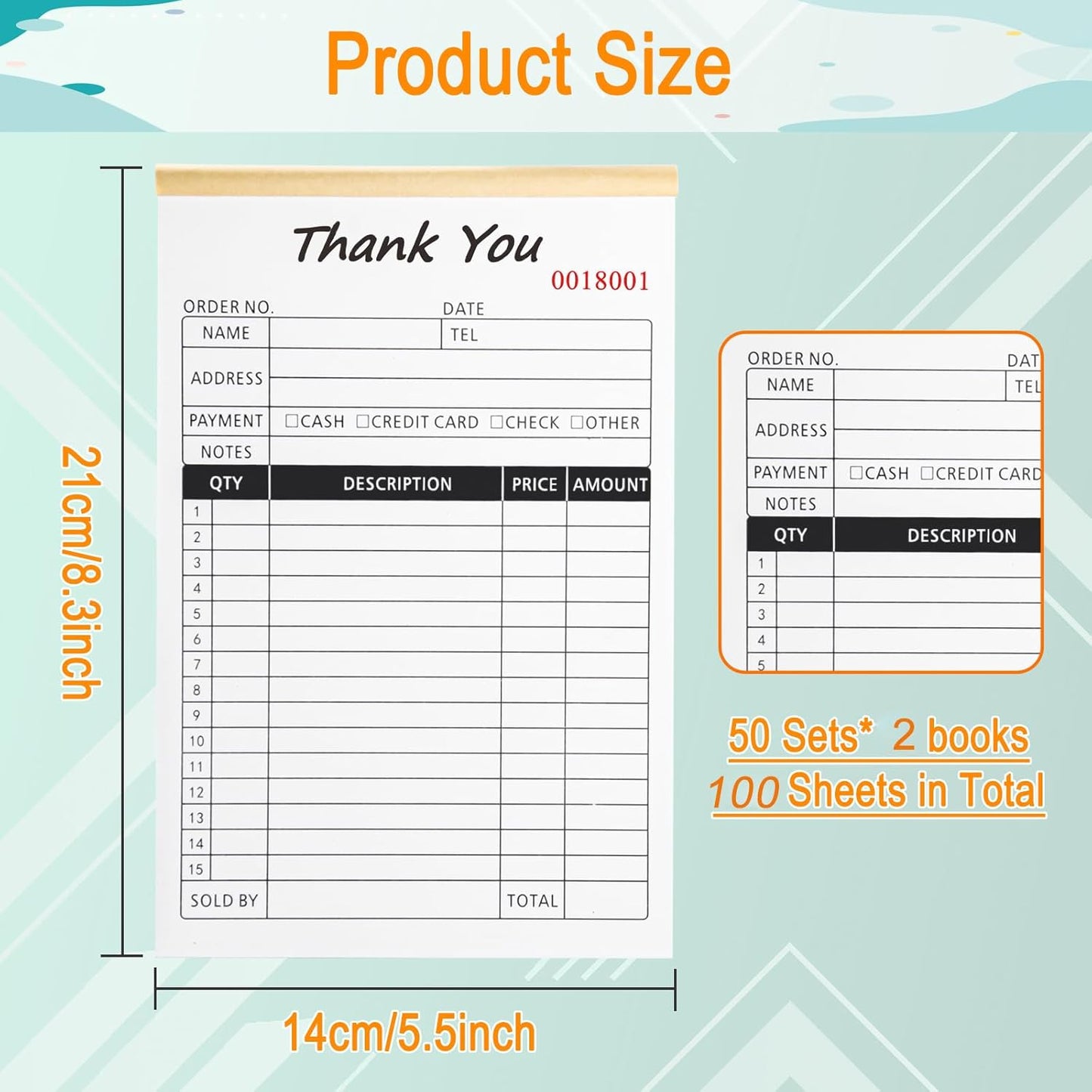 Receipt Book with Cardboard 2-Part Carbonless, Order Forms for Small Business