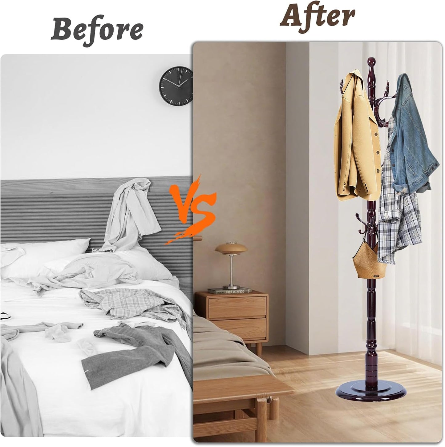 Wooden Coat Rack Freestanding with Resin Hooks, Adjustable Heavy Duty Stand for Hanging Coats, Bags, Hats, and Umbrellas in Living Room, Bedroom, Entryway (Rosewood-Phoenix Hook)