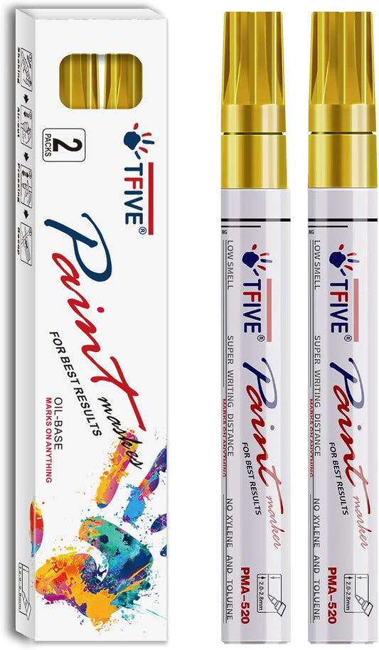 TFIVE Gold Permanent Paint Marker Pens - 2 Count Oil Based Marker Pen, Medium Tip, Waterproof & Quick Dry, for Office, Art projects, Rock Painting, Ceramic, Glass, Wood, Plastic, Metal, Canvas