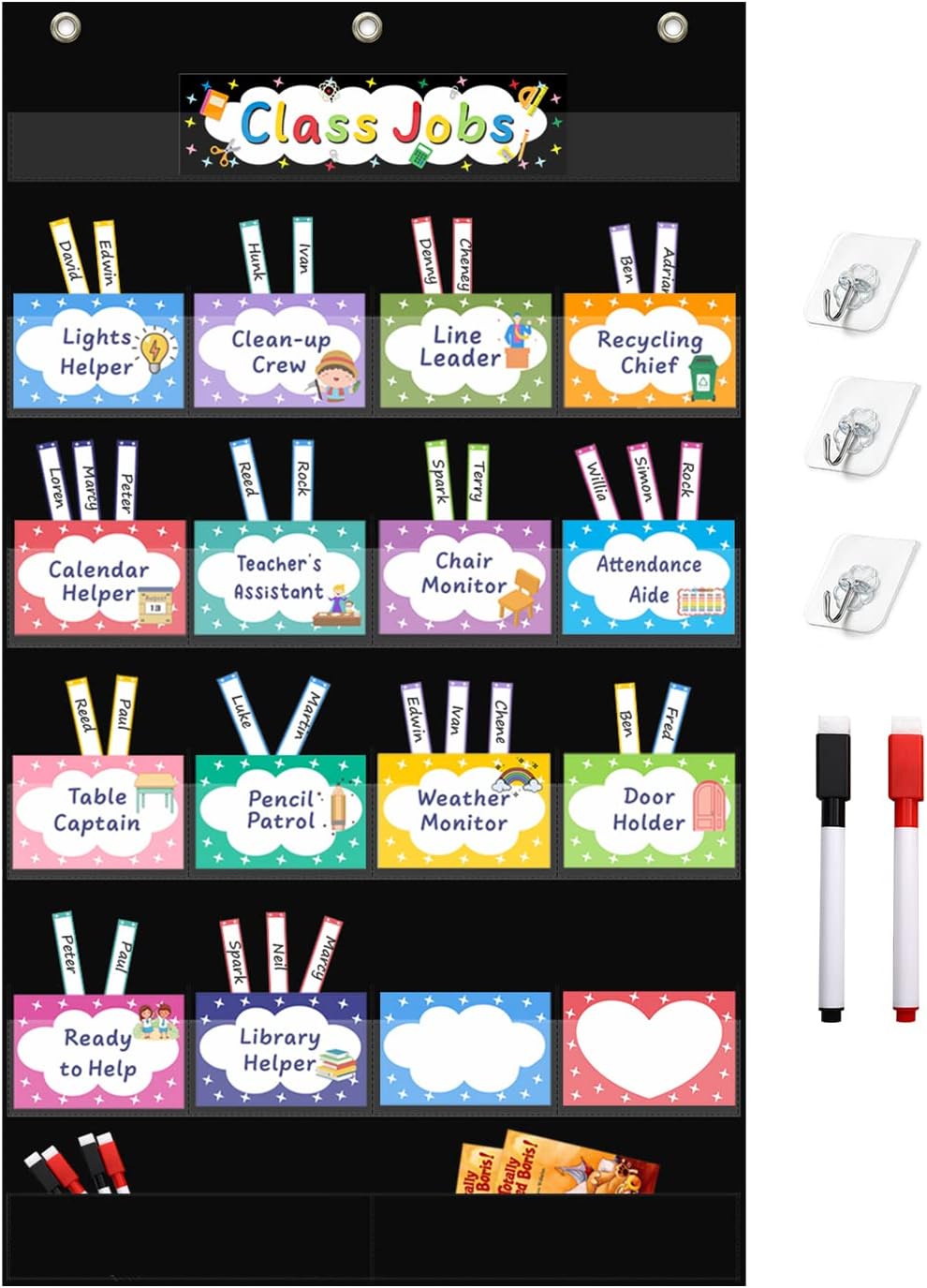 REGELETO Class Jobs Pocket Chart with 17 Pockets and 2 Storage Bags,Class Management Educational Pocket Chart Teacher's Helper Size: 32.6" L x 19.6 H" inch Bulletin Board for Classroom (Black)