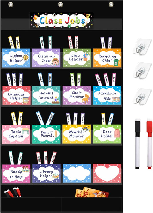 REGELETO Class Jobs Pocket Chart with 17 Pockets and 2 Storage Bags,Class Management Educational Pocket Chart Teacher's Helper Size: 32.6" L x 19.6 H" inch Bulletin Board for Classroom (Black)