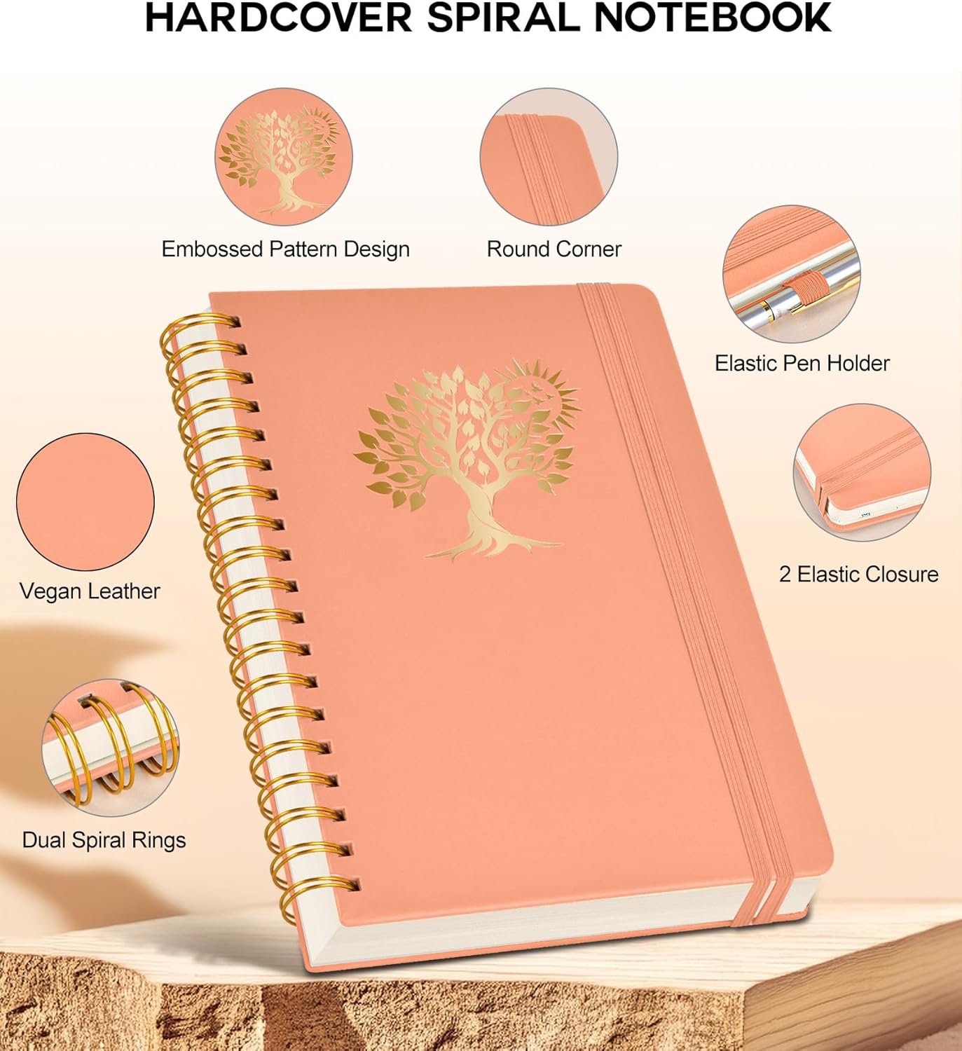 Spiral Notebook Journal for Women Men, 300 Numbered Lined Pages, College Ruled, A5 Hardcover Spiral Bound Notebook for School, Work, Note Taking Writing, Leather Spiral Journal Medium 5.9"x8.5"