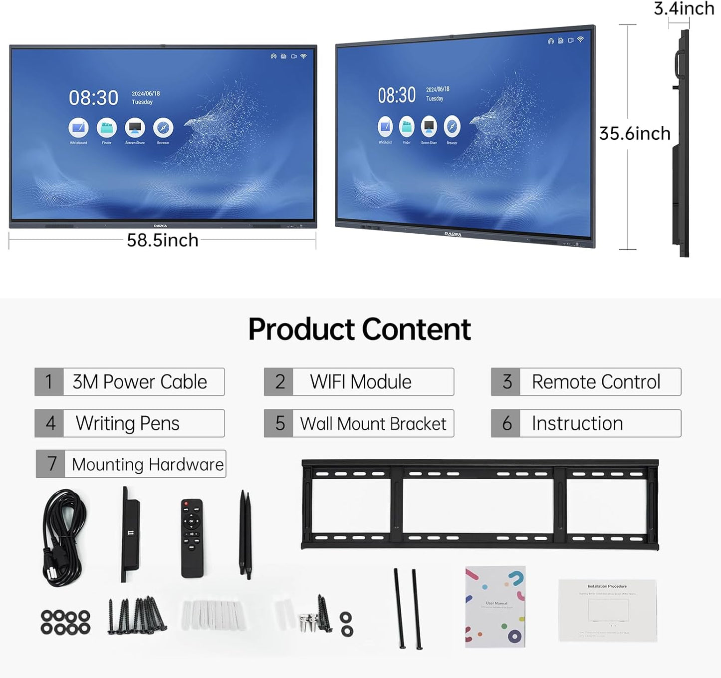 65" Smart Board for Classroom, 4K UHD Interactive Whiteboard Display, 13MP Camera w/6 Mics, Electronic Whiteboard for Business and Education(Board & Wall Mount Included)