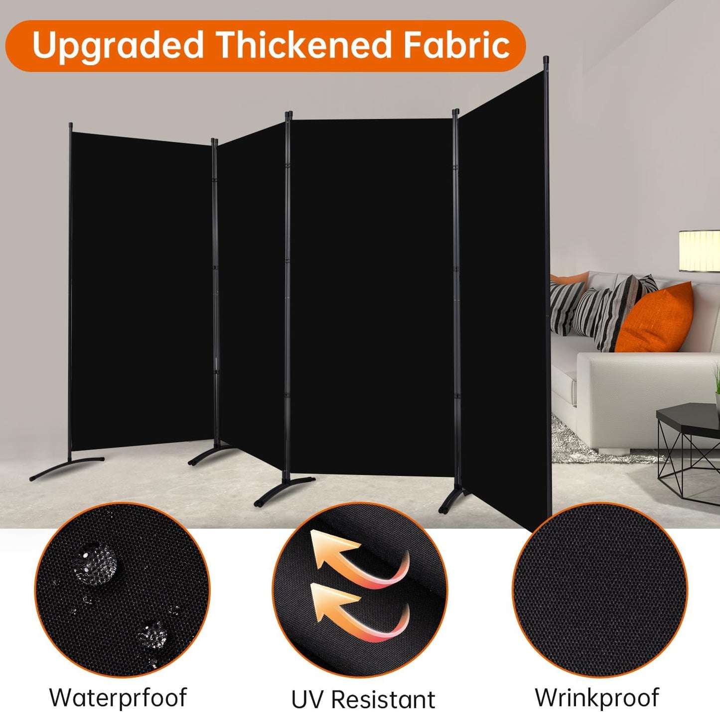 Room Divider 6FT Folding Privacy Screens, Partition Room Dividers w/Freestanding Design, Portable Wall Divider for Room Separtation, Fabric Screen Panel for Home Office Dorm (Black, 4 Panel)