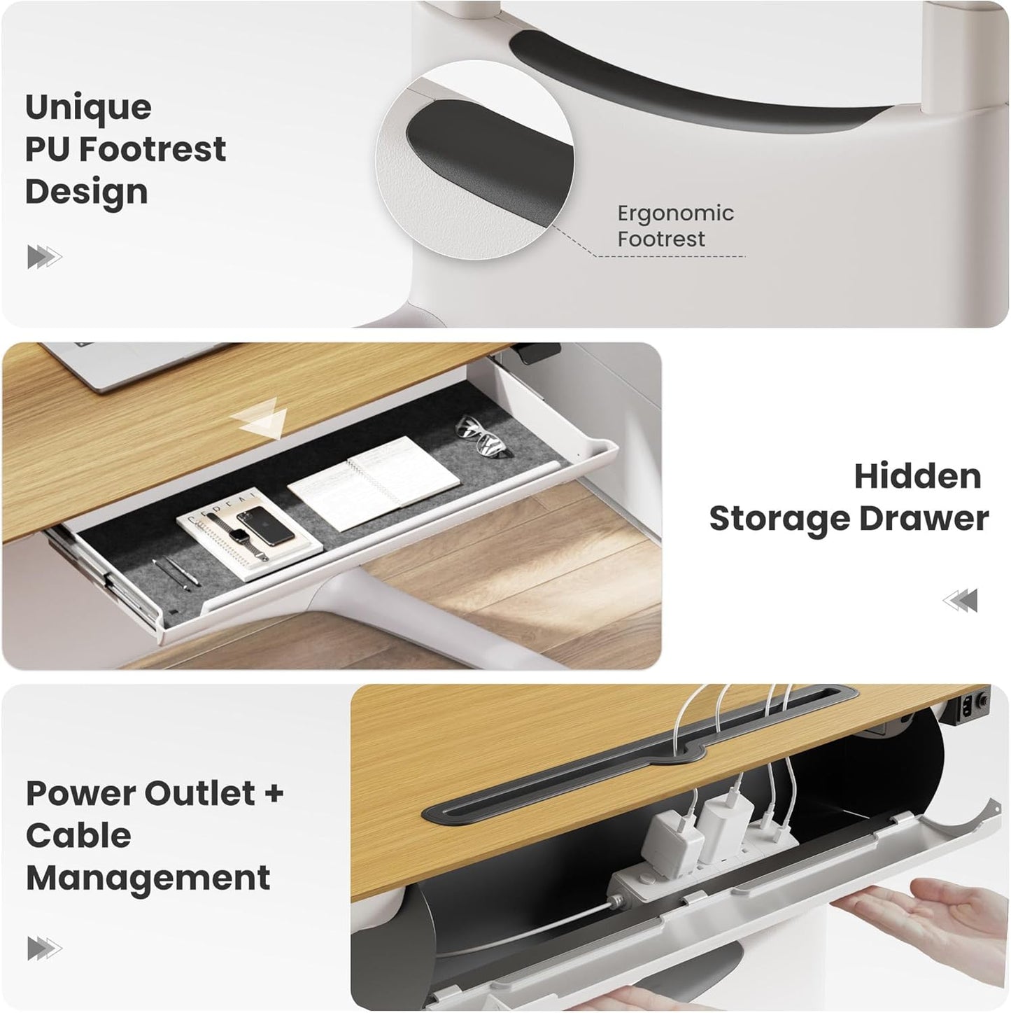 COLAMY Electric Standing Desk, Whole-Piece Gaming Desk with Dual Motors, Ergonomic Footrest, Drawers for Storage, Adjustable Height Sit-Stand Desk for Home Office (Veneer Desktop, Oak + White)