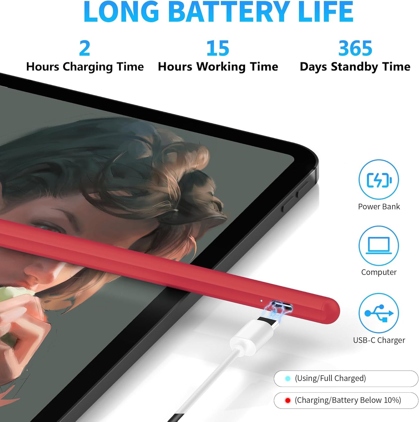 DRYMOKINI Stylus Pen for Touchscreen, Active Stylus Pen Compatible for Android and iOS Tablet/Phones, Rechargeable Universal Stylist Pencil Compatible for A-pple/i-Pad/Phone Tablet, Red