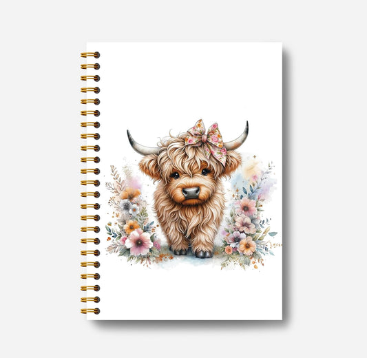 Floral Highland Cow Notebook - Western Notebook, Cow Notebook, Highland Cow Office Supplies, Highland Cow Gifts, Cute Highland Cow Stuff, Farmhouse Highland Cows Spiral Notebook 5.5x8.3