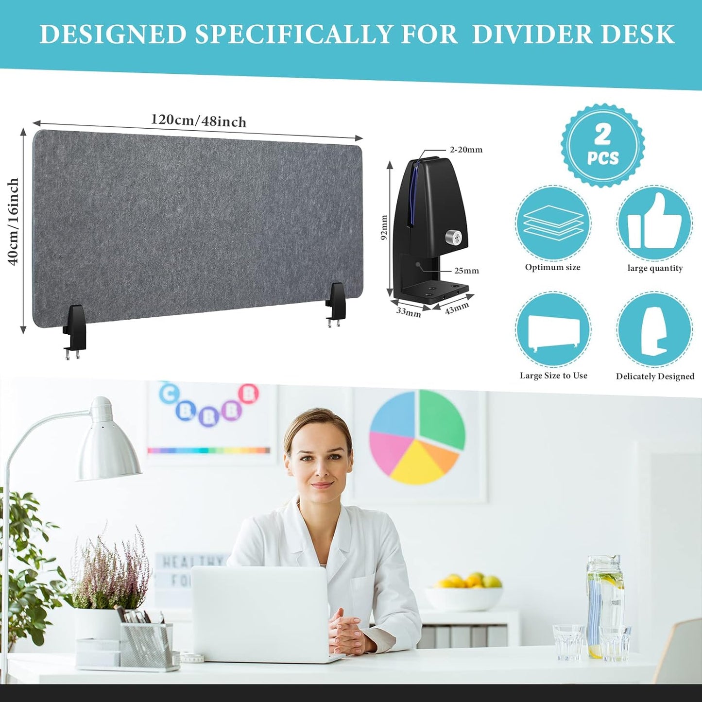 Wesiti 2 Pcs Acoustic Desk Divider Noise Reducing Desk Privacy Panel for Student Table Standing Sound Proof Divider Desktop Claw Office Furniture Partition for Classroom(Gray,47.24 x 15.75 Inches)