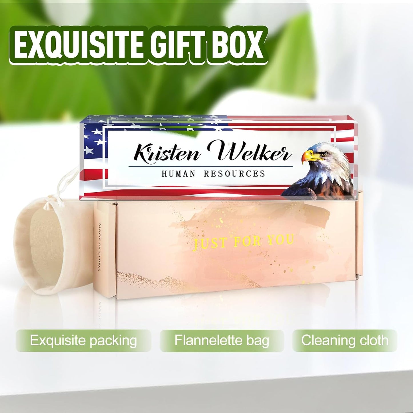 Name Plate for Desk, Desk Name Plate Personalized, Office Decor for Women Men, Acrylic Desktop Accessories, Office Appreciation Gifts for Boss Social Workers Teacher Employee Nurse (Flag B)