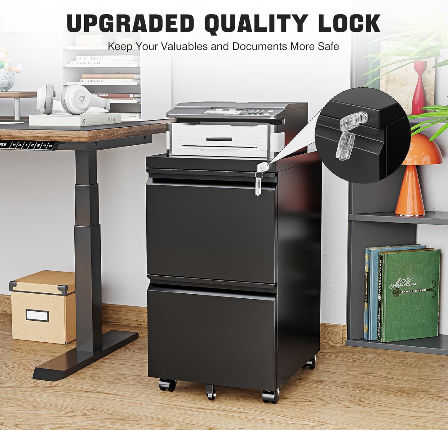 2 Drawer File Cabinet On Wheels Mobile File Cabinet with Lock Under Desk Metal Filing Small Rolling Black Printer Stand for Home Office Assembly Required