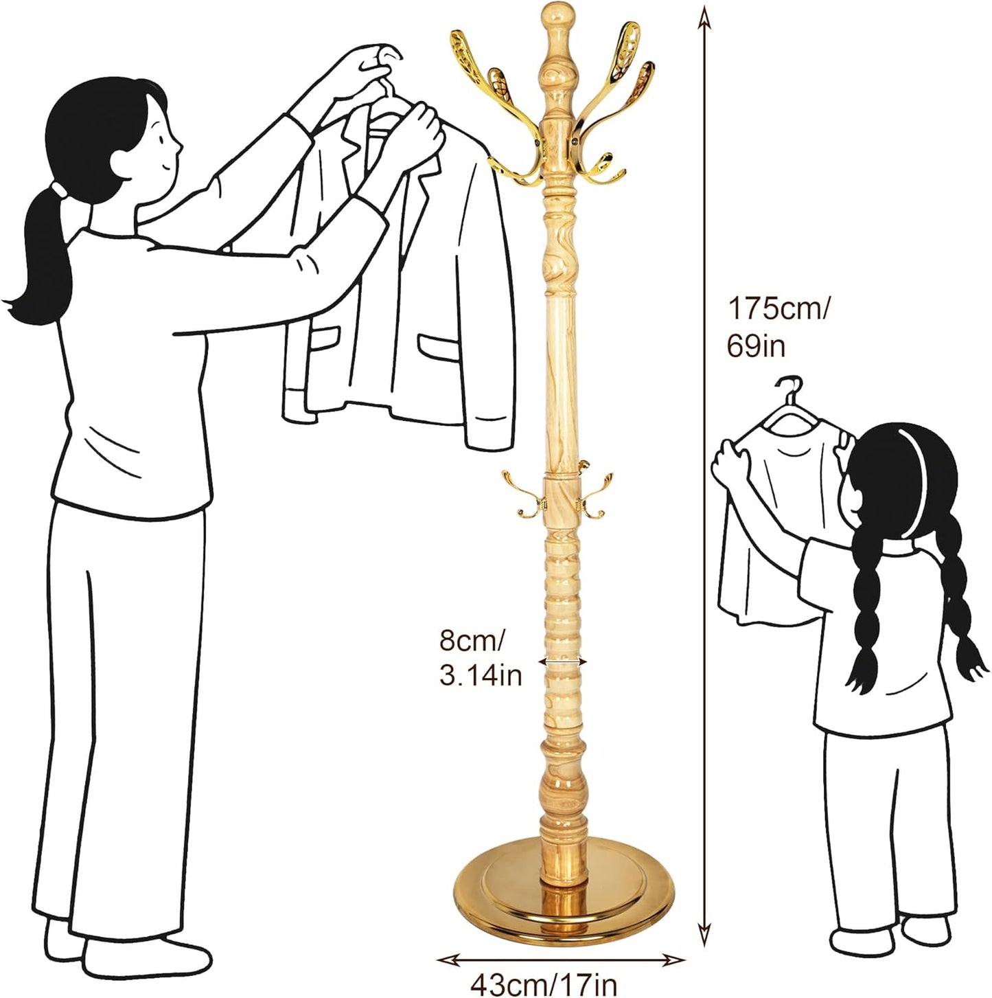 Vintage Free Standing Coat Rack with Disc Base, Solid Wood Coat Hanger Stand with 14 Metal Hooks and Adjustable Height, Standing Coat Rack Tree for Entryway, Bedroom, Hallway, Office, Apartment