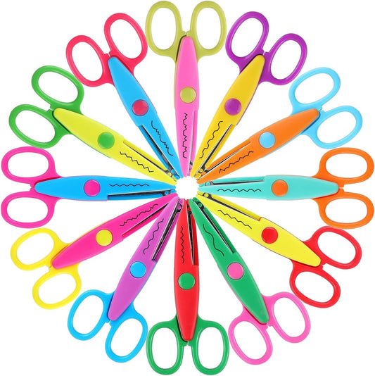 12 Pack Kids Safety Scissors | Blunt Tip with Decorative Edges | 5 Inch Colorful Zig Zag Assorted Patterns for School, Classroom Supplies, Teachers, Art Crafts, Scrapbook, DIY Projects