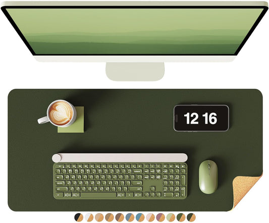 YSAGi Double-Sided Desk Pad, 23.6"x13.7" Leather Desk Mat, Eco Cork Desk Pad Protector, Large Mouse Pad for Desk, Waterproof Desk Blotter Pad, Desk Writing Pad for Office Work/Home(Dark Green/Cork)
