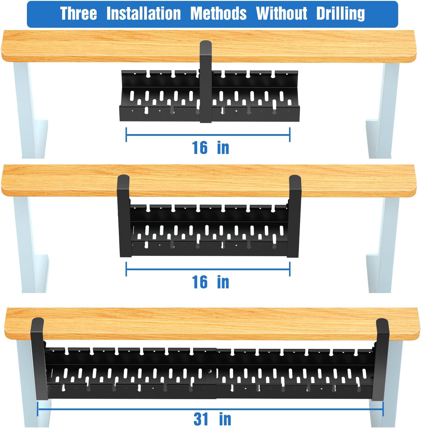 No Drilling Extendable Under Desk Cable Management, Metal Cable Management Tray Under Desk with Clamp, Retractable Power Strip Cord Holder for Wire Management 31Inch(1 Pack Black Extendable 31')