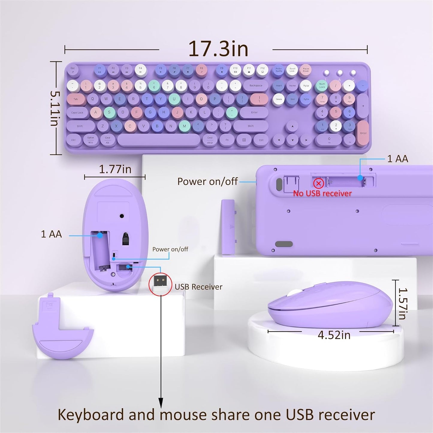 Wireless Keyboard and Mouse, Full-Size Retro Typewriter Keyboard with Round Keycaps, 2.4GHz for Windows, Mac, Laptop, PC, Desktop (Purple Colorful)