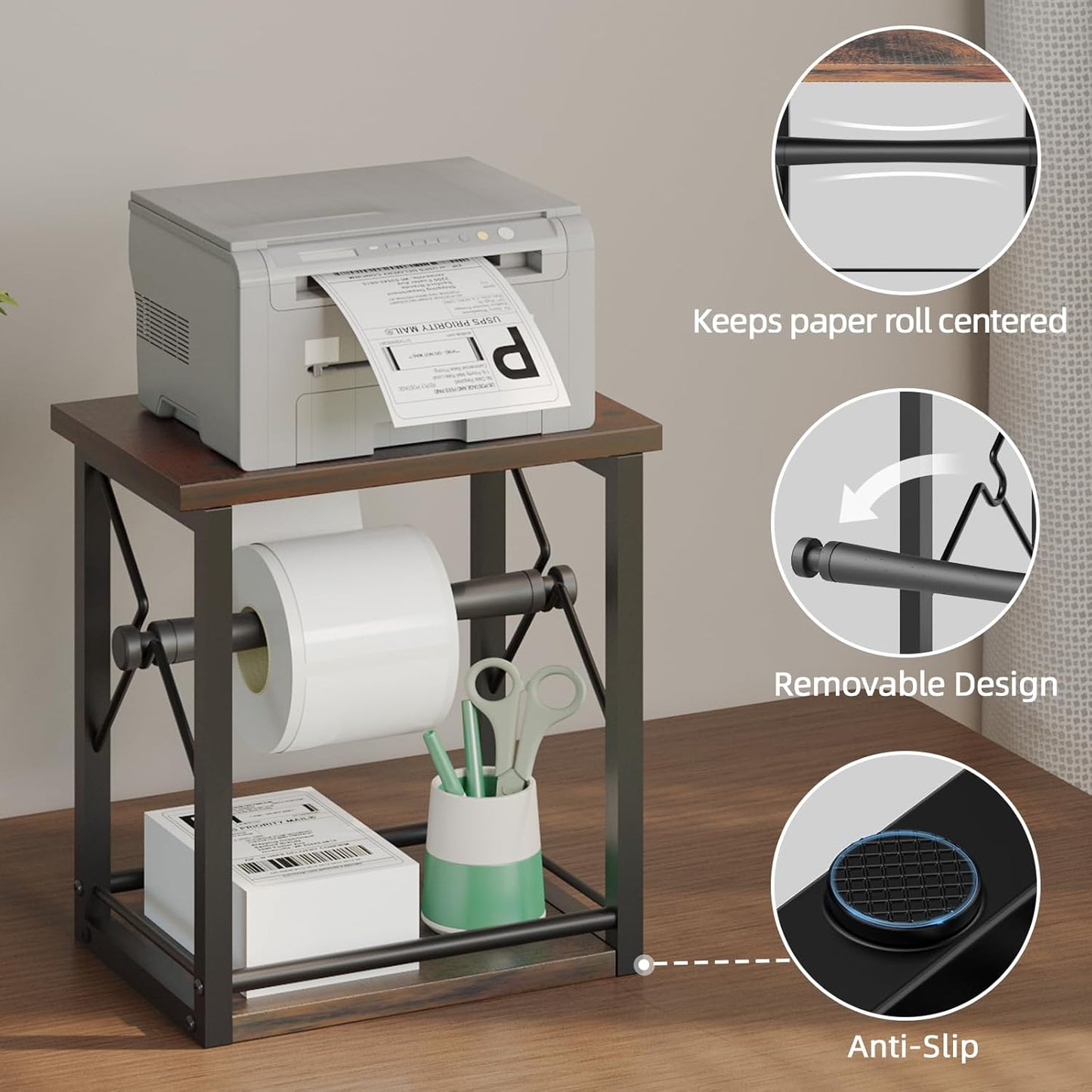 Label Holder for Rolls and Fan-Fold Labels, Shipping Thermal Label Holder, Sticker Roll Holder for Small Business & Home Office, Vintage Brown
