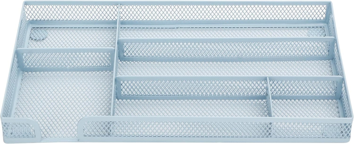 Annova Desk Drawer Organizer/Storage Tray - Metal Mesh with Dividers for Pens, Desktop Accessories, Bathroom, Kitchen, Makeup and Office Supplies (Small, Morandi Blue)