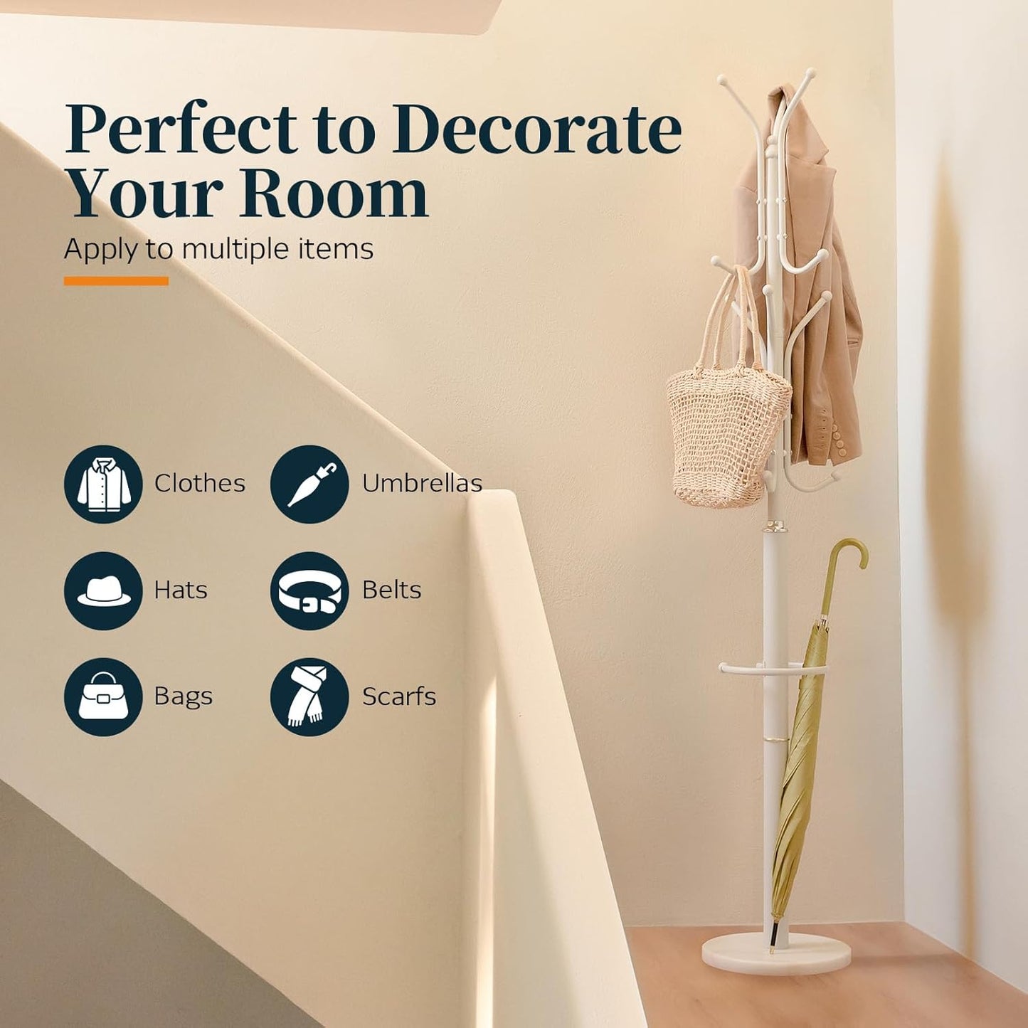 Yoobure Metal Coat Rack Freestanding with Marble Base, Coat Tree with 12 Hooks & Umbrella Holder, Coat Hanger Stand for Corner Entryway Bedroom Office, Heavy Duty Coat Rack Stand for Clothes Hats Bags