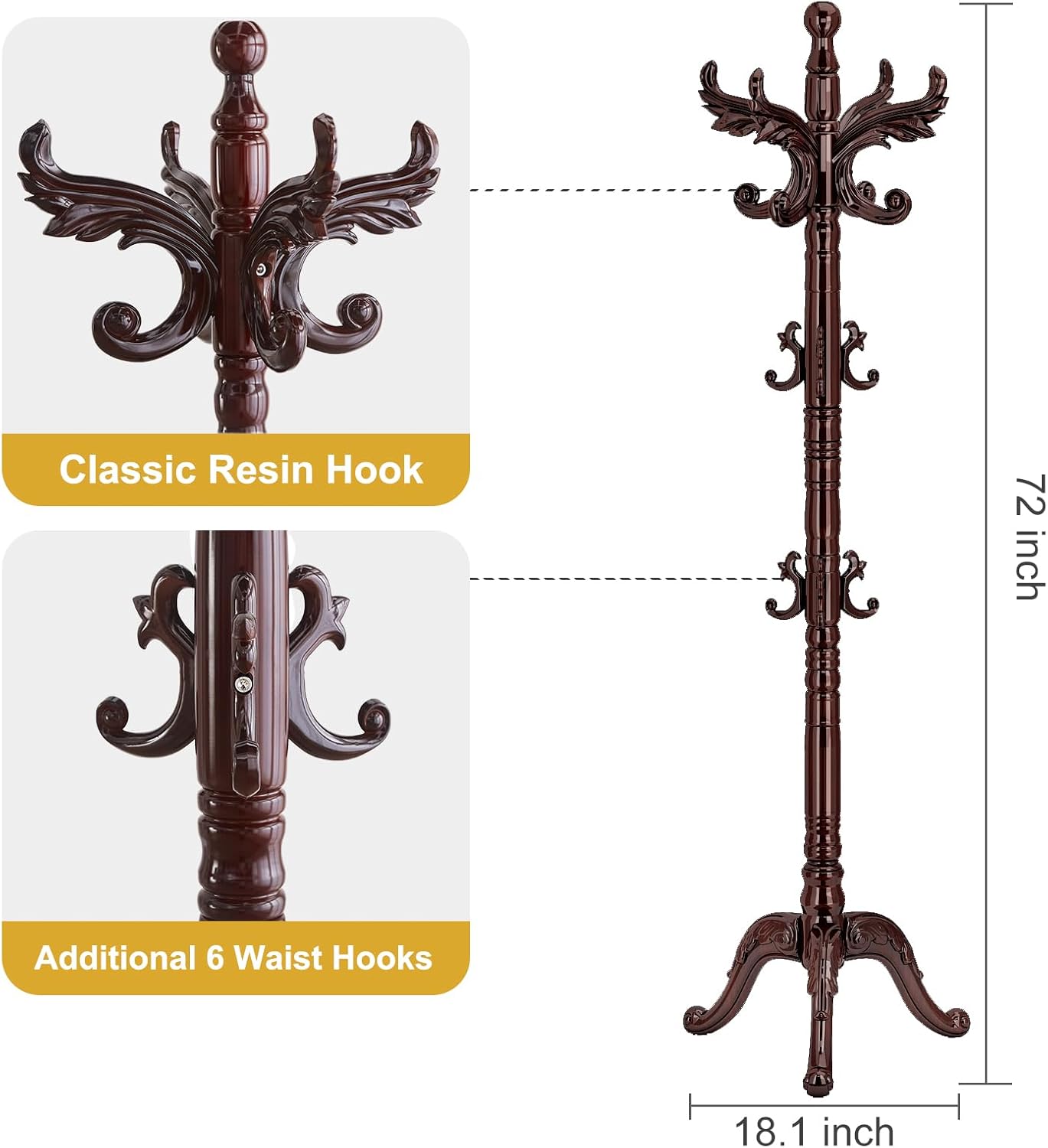 Wooden Coat Rack Stand Sturdy Triangle Base, Natural Birch Wood Coat Racks Freestanding, Vintage Solid Wood Coat Tree Stand with 14 Hooks, Classic Sturdy Coat Racks Hall Tree for Entryway, Office