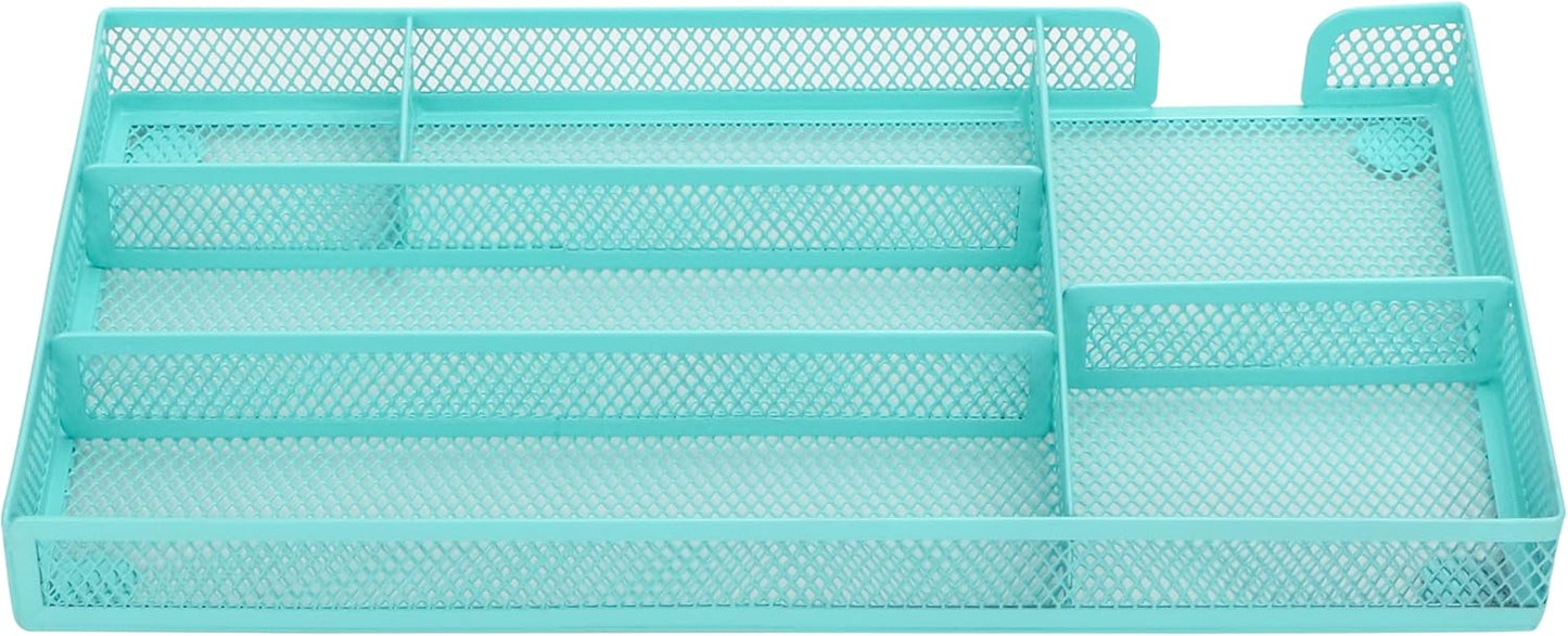 Annova Desk Drawer Organizer Tray for Office Organization - Metal Mesh - Storage Tray with Dividers for Pens, Desktop Accessories, Bathroom, Kitchen, Makeup and Office Supplies (Small, Turquoise)