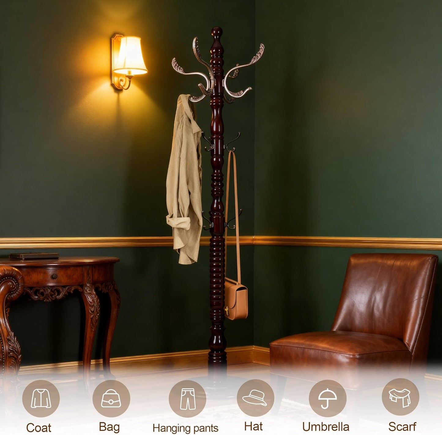 Vintage Wooden Coat Rack Free Standing,14 Hooks, 3-Level Adjustable Height, 73-Inch Retro Coat Rack Stand, Suitable for Entryway, Living Room, Office and Bedroom (Mahogany) (Metal, 1 PCS)