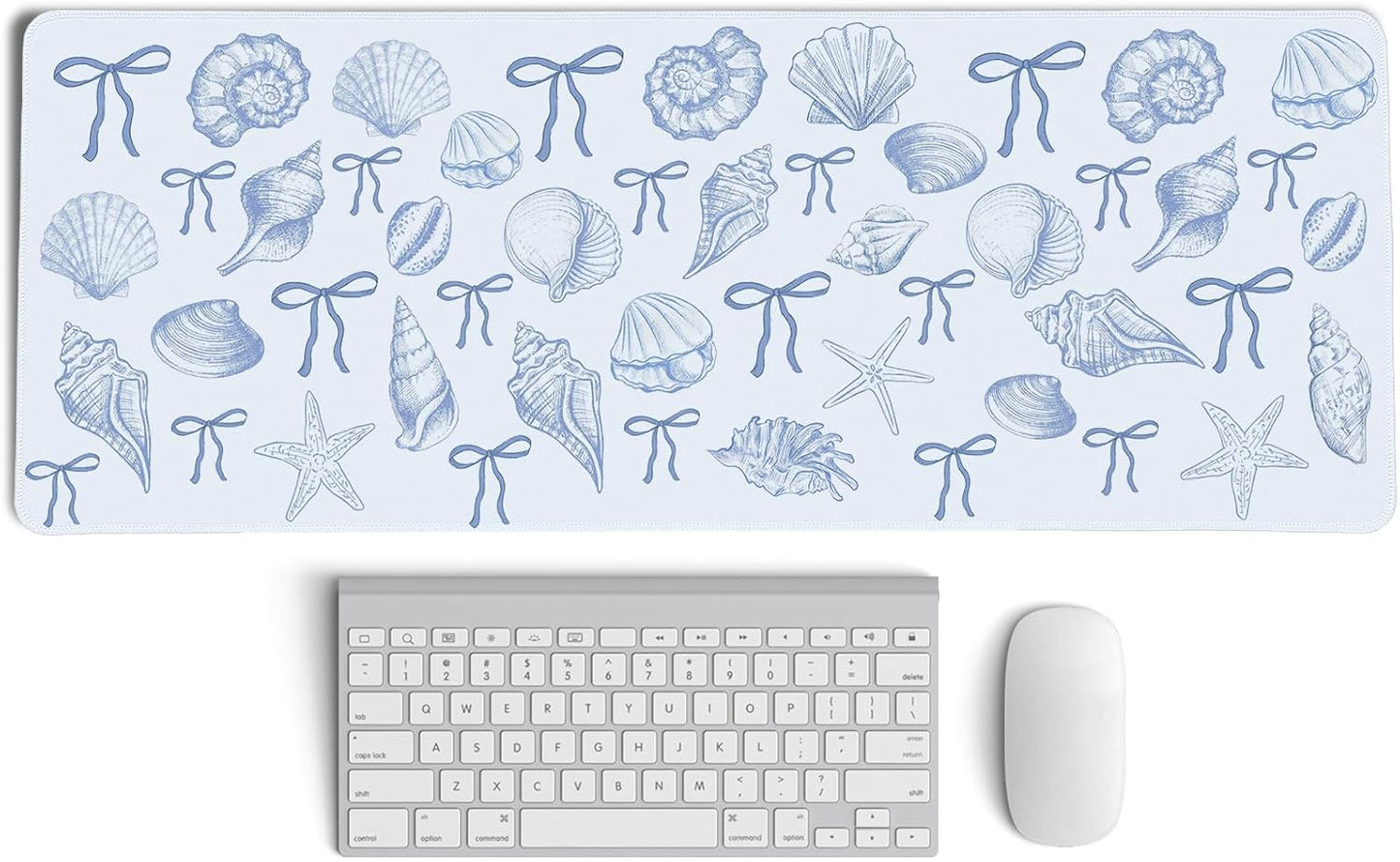 Blue and White Seashell Bow Mouse Pad,Coastal Beach Mouse Pad,XL Large Ocean Beach Seashell Desk Mat,Girly Vintage Summer Beachy Gaming Pads,Girly Summer Desktop Decor Art,31.5x11.8In
