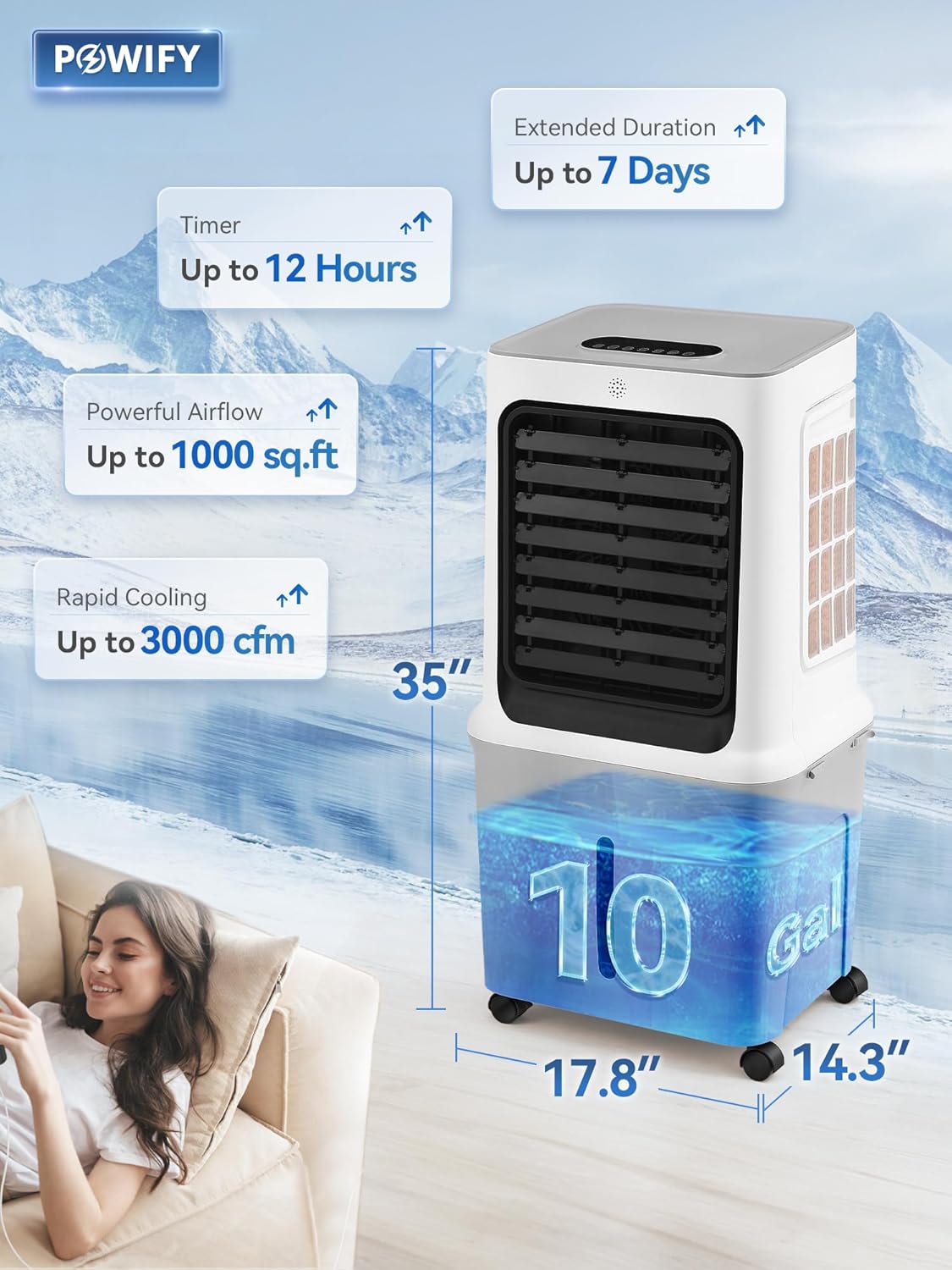 10 Gal Evaporative Air Cooler, 3000CFM Quiet Portable Air Conditioners, 35" Fast Cooling Swamp Cooler, 120° Oscillation, 12H Timer, 3 Speeds & Modes Remote Control for Living Room|Bedroom|Garage