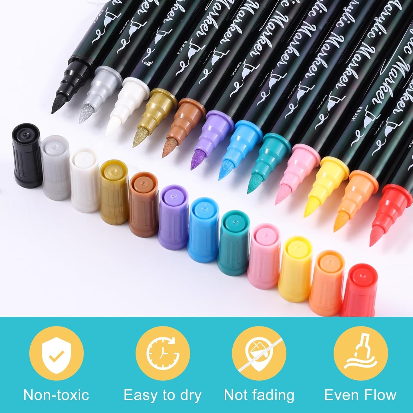 12 Colors Acrylic Paint Markers, Waterproof Dual Tip Acrylic Paint Pens with Brush and Fine Tip, Markers Set for Paper, Rock, Wood, Canvas, Glass, Ceramic and DIY Crafts Making Art Supplies