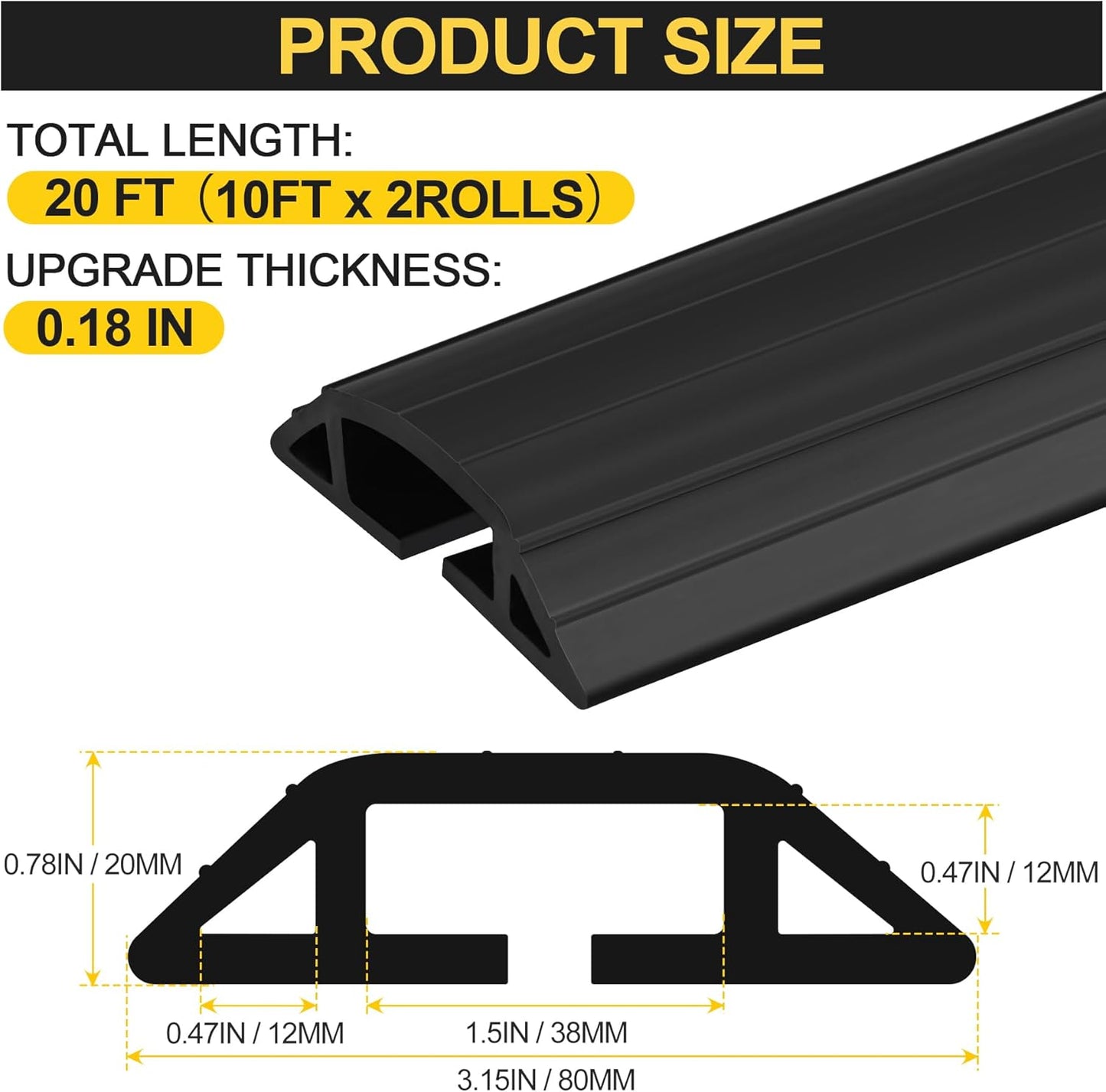 MYFAMIREA 20FT Floor Cord Cover Heavy Duty Cable Cover Protector 3 Channels Extension PVC Floor Wire Cover Outdoor Cord Hider Management Cord Cover for Wire on Floor Home Outdoor (2PCS 10FT, Black)