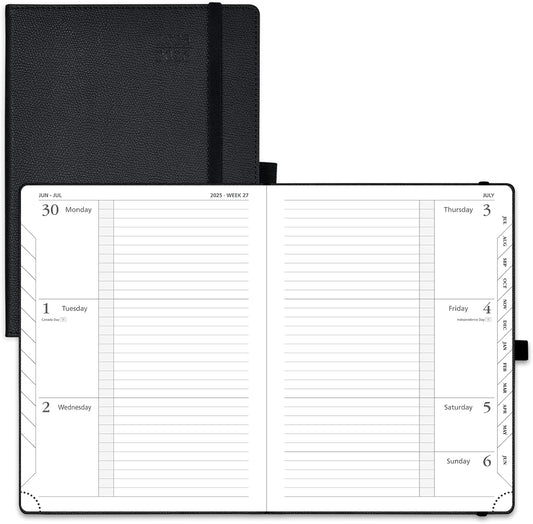 POPRUN Planner 2025-2026 (Medium 6.75''x 8.75''), Horizontal Weekly Notebook Jul.2025 - Jun.2026, Academic Appointment Book with Monthly Tabs, Leather Hardcover, Inner Pocket, 100 GSM - Black