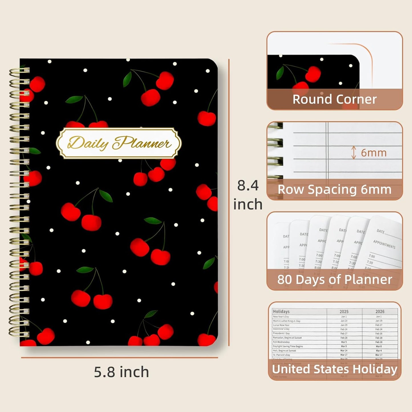 Undated Daily Planner - Spiral Notebook 80 Days One Day Per Page, Hourly Schedule, To-Do List, Notes, Everyday Planning Task, A5 Hardcover Journal Organizer Book Women Cute Aesthetic, Cherry