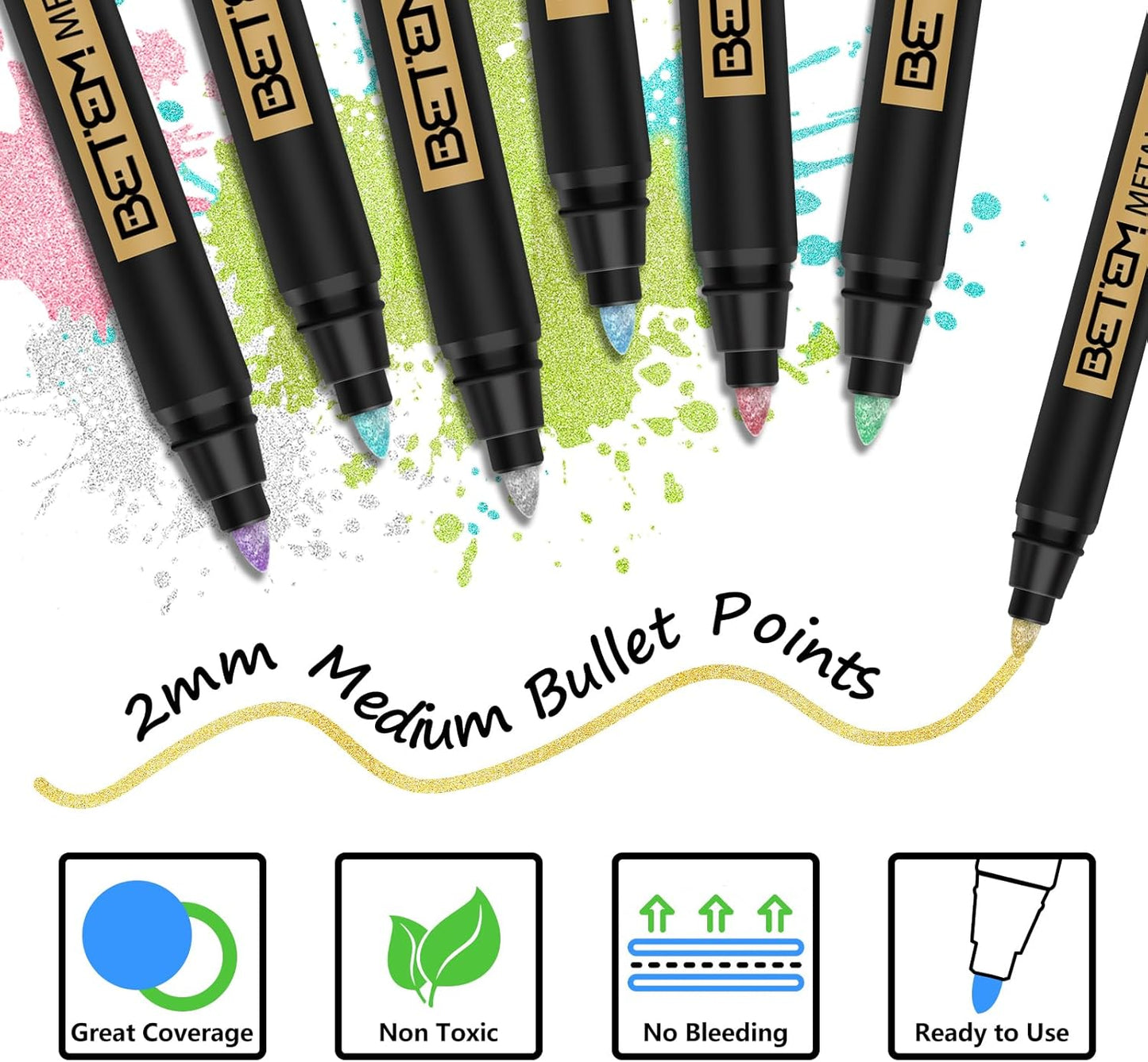 Betem Metallic Paint Markers, 18 Colors Acrylic Paint Markers for Black Paper，2mm Medium Tips Metallic Glitter Pens for Scrapbooking, Rock Painting, Greeting Cards, Photo Albums, DIY Art Crafts