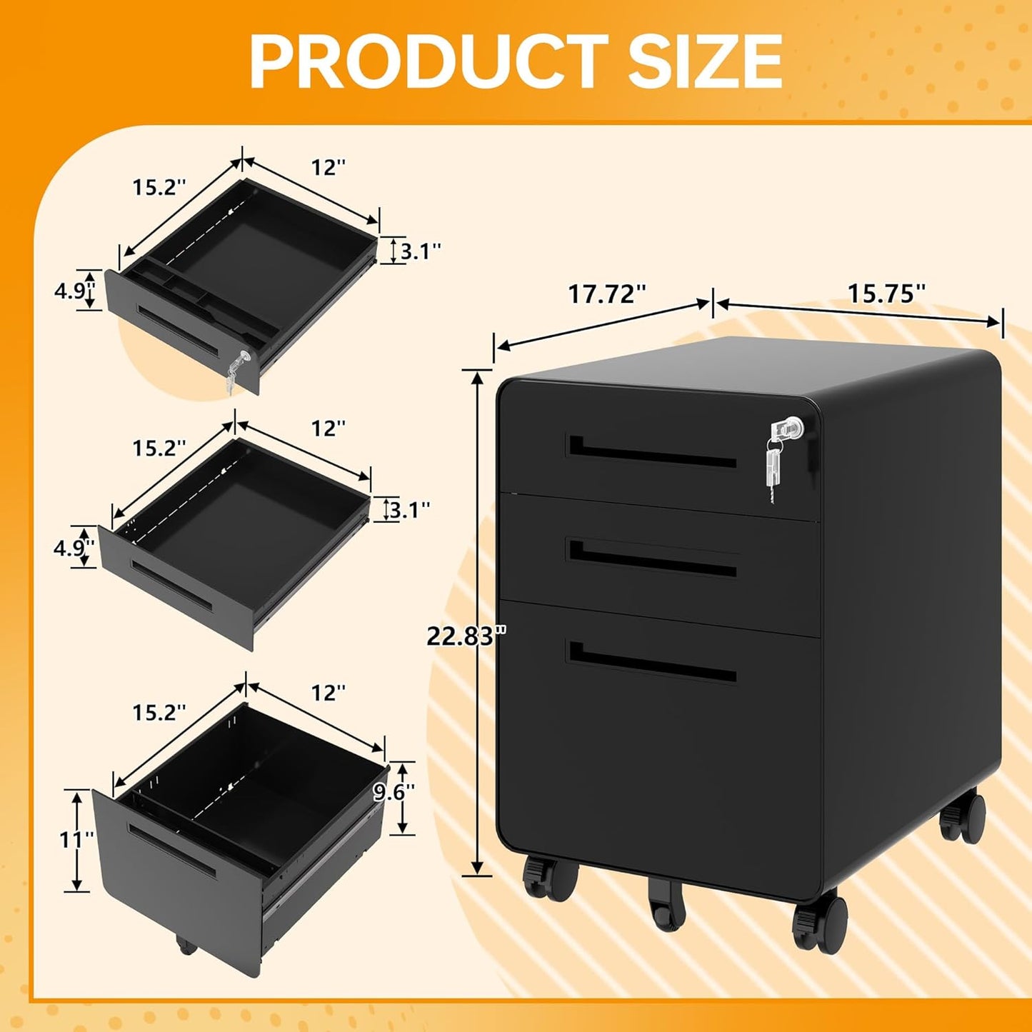 STANI 3 Drawer Filing Cabinet, Metal Filing Cabinet Legal/Letter Size with Lock, Mobile Storage Cabinet for Home and Office, Fully Assembled Except Wheels