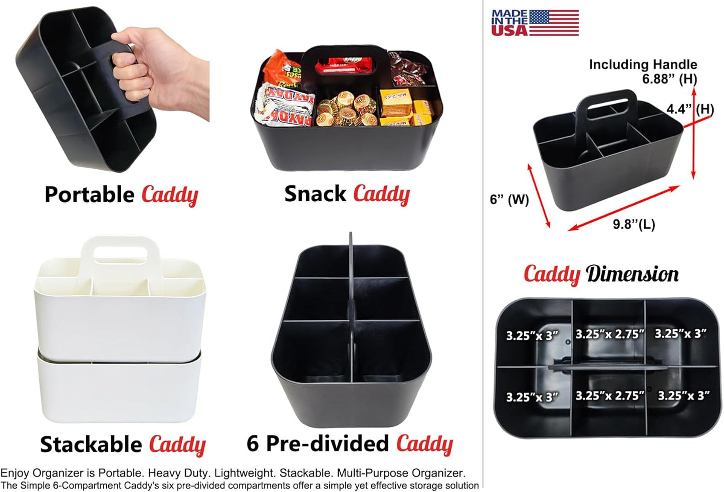 Small Stackable Plastic Caddy with Handle 6 Compartment | Desk, Makeup, Dorm Caddy, Classroom Art Organizers - 4 Pack, Made In USA (Ivory)