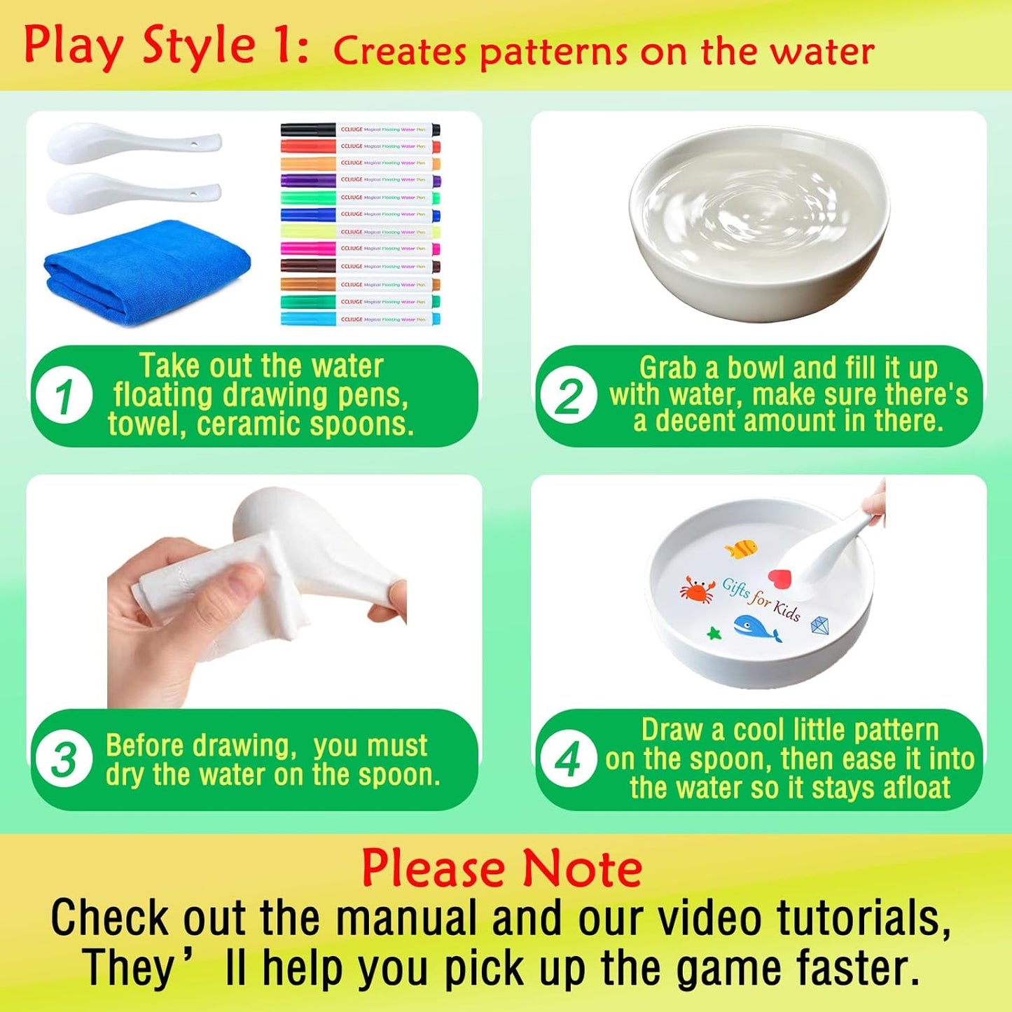 Kiddies Create Magical Floating Drawings Bundle, 12 Colors Magic Drawing Pens for Kids Water, Magical Water Painting Pen Set with Spoons & Towel, Water Art Markers for Tattoo, Gifts for Boys & Girls