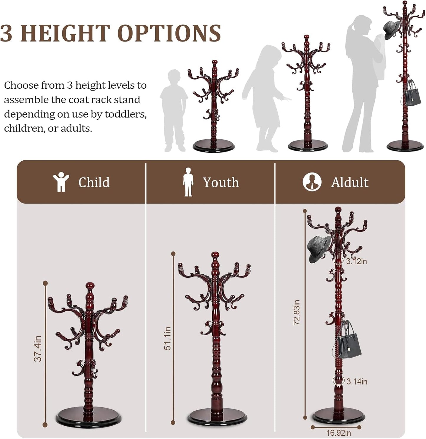 Vintage Wooden Coat Rack Free Standing,14 Hooks, 3-Level Adjustable Height, 73-Inch Retro Coat Rack Stand, Suitable for Entryway, Living Room, Office and Bedroom (Mahogany)