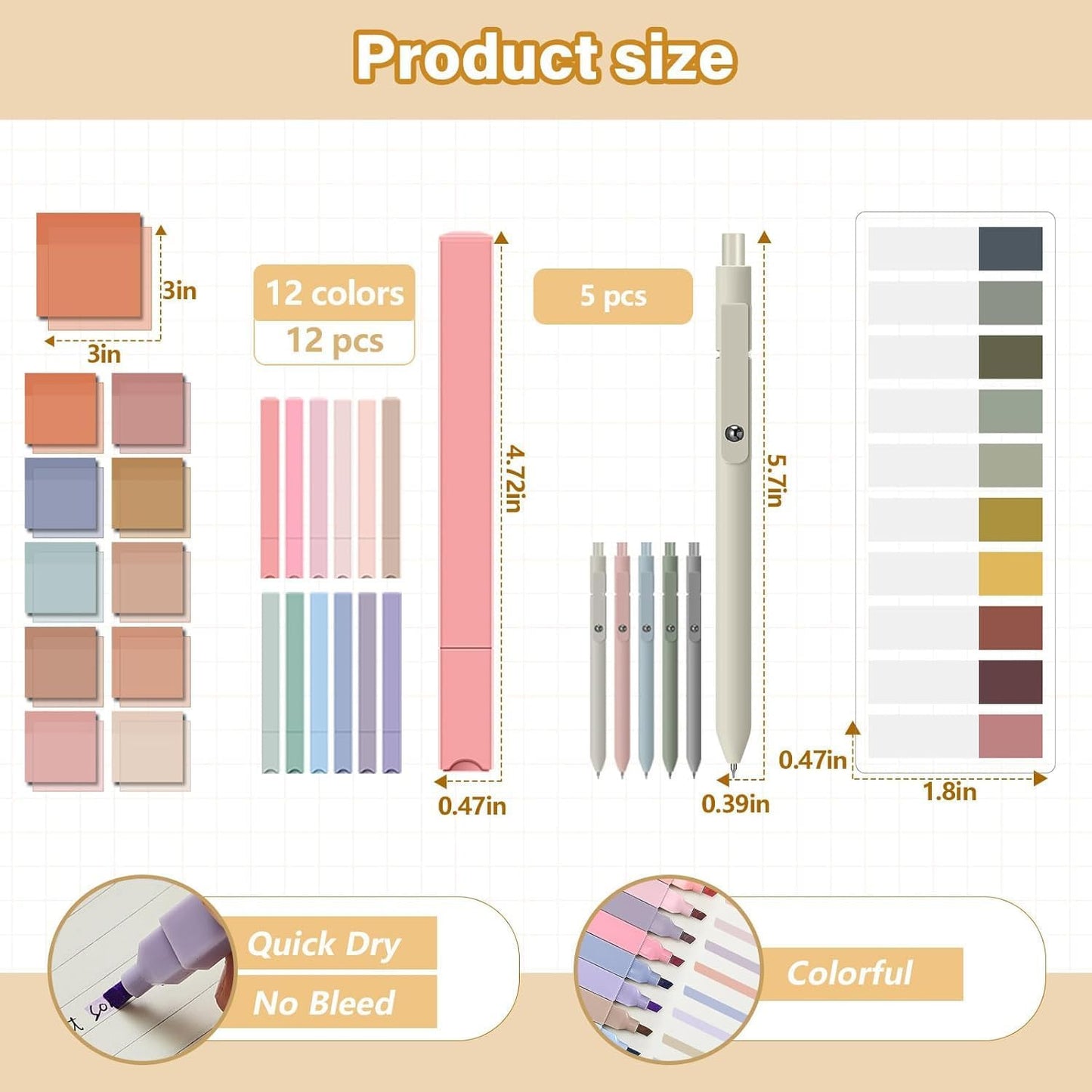 Jutom 39 Pcs Aesthetic Book Annotation Kit Highlighter with Pencil Case Bag Gel Pen Transparent Sticky Note Taking Bible Study College School Supplies(Khaki,Cute Style)