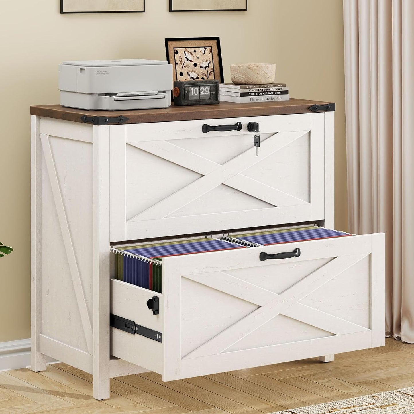 Lateral File Cabinet with 2 Large Drawers, Farmhouse File Cabinet with Lock for Letter/Legal/A4 Size Hanging Files, Wood File Storage Cabinets Printer Stand for Home Office Cabinets, Rustic White