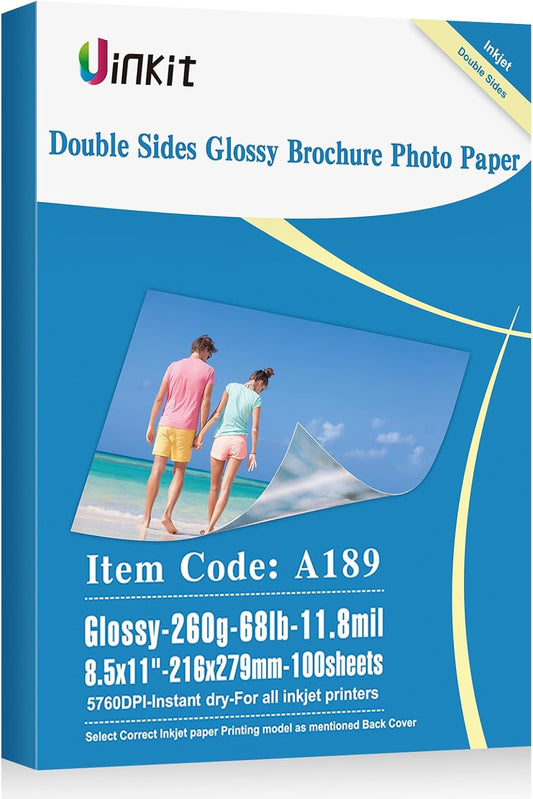 Uinkit Thick Photo Paper Glossy Double Sided 100 Sheets 8.5x11 Heavyweight 68lb 260gsm Inkjet Both Sides Printable 11.8mil A4 Letter size Flyer Bulk Pack 8.5 x 11 Card paper postcard postal A189
