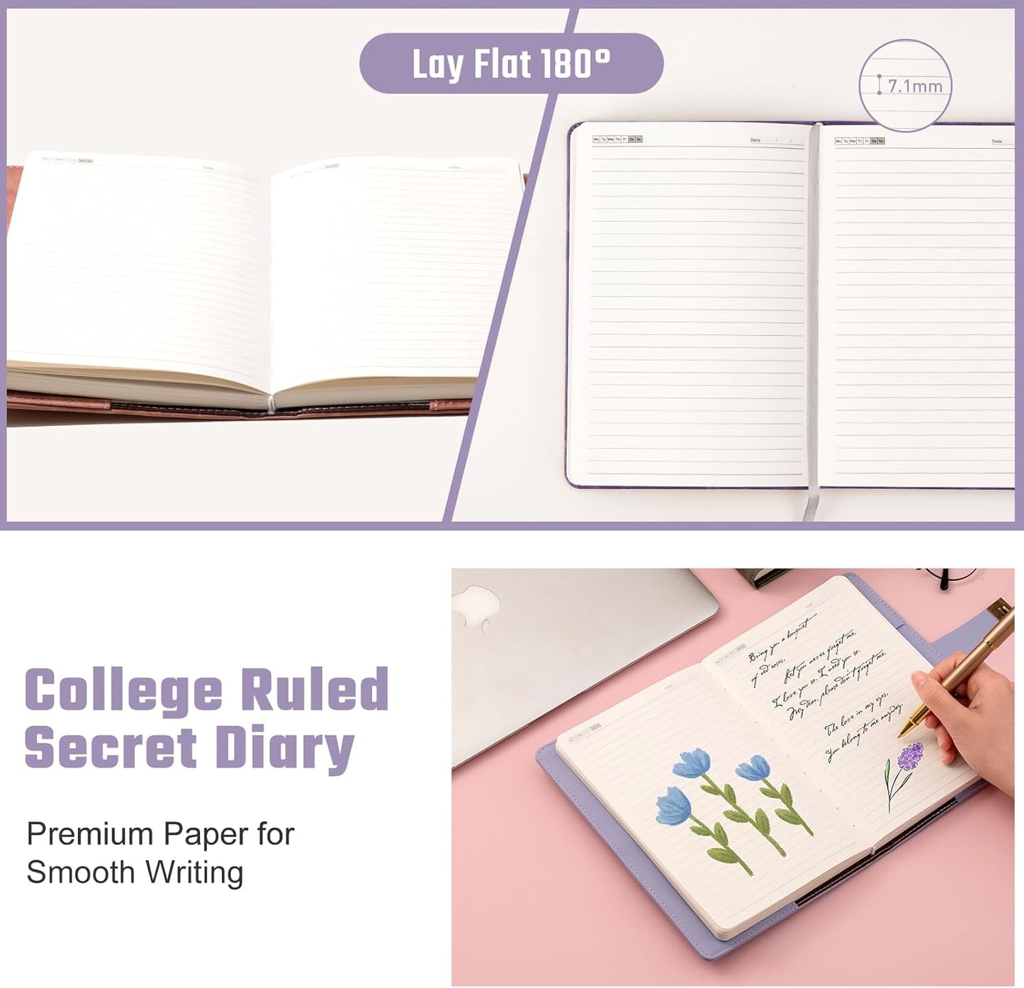 Lock Diary for Women Diary with Lock for Girls A5 Leather Locked Journal 260 Pages 100 GSM Refillable Journal with Lock for Teens Secrets Flower Journals with Combination Passwords, 5.7"x8.3", Purple