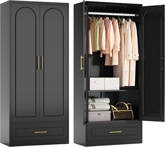 Metal Armoire Wardrobe Closet with Drawer, 71“ Tall Freestanding Wardrobe Cabinet with Doors and Shelves, Large Armoire with Hanging Rod, Clothes Cabinets for Bedroom, Black, Assembly Required