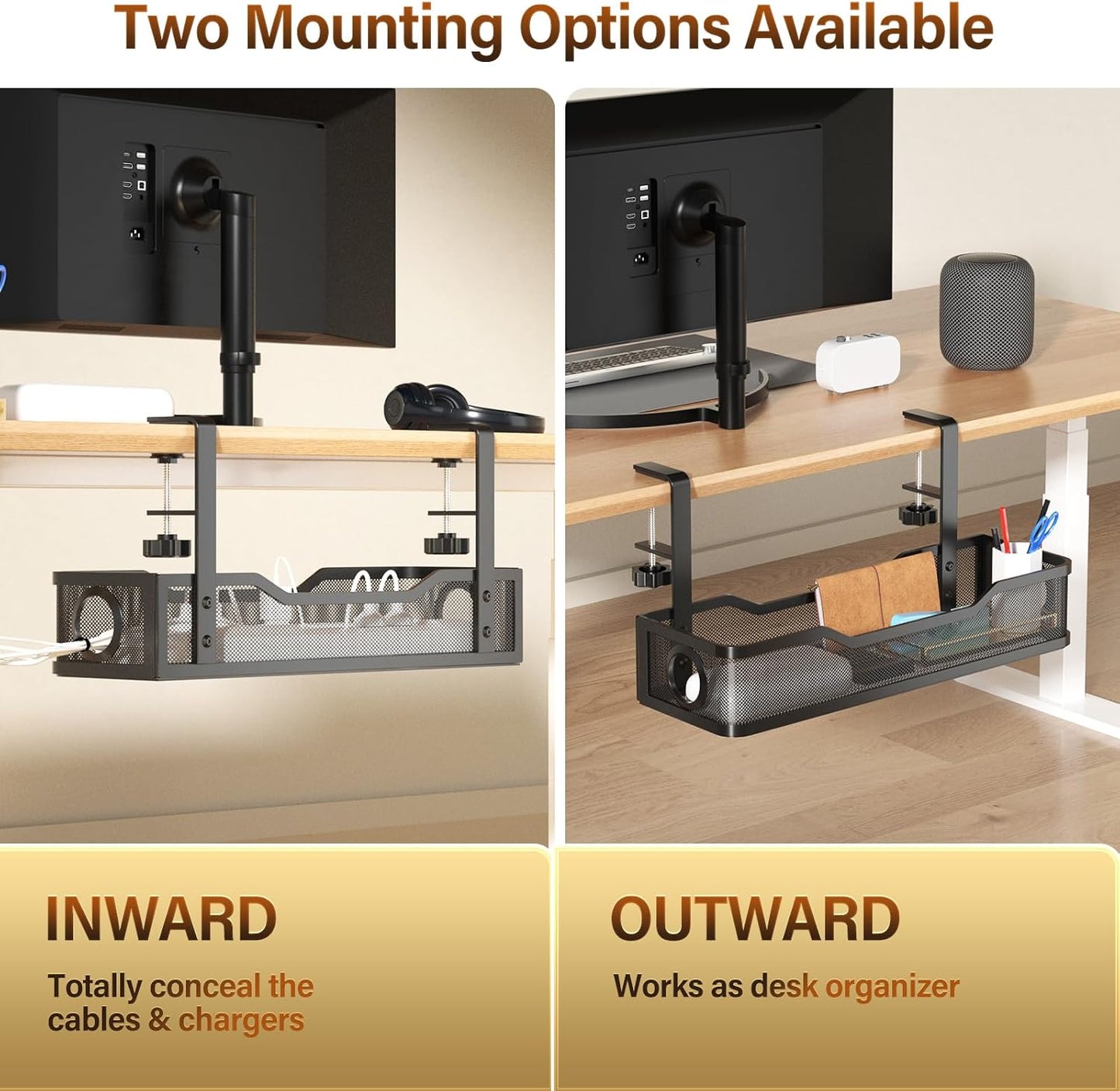 [Upgraded] 2 Pack Under Desk Cable Management Tray, Cinati Cord Organizers for Table Thickness up to 3", 16" Wire Organization with Clamp No Drill, Cable Management Box for Office - No Damage to Desk