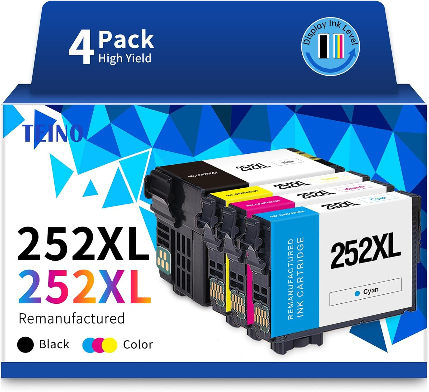 TEINO 252XL 252 Ink Cartridges Combo Pack Remanufactured Ink Cartridge Replacement for Epson 252 XL 252XL for Workforce WF-7710 WF-3640 WF-7720 WF-3620 WF-7620 (Black Cyan Magenta Yellow, 4-Pack)